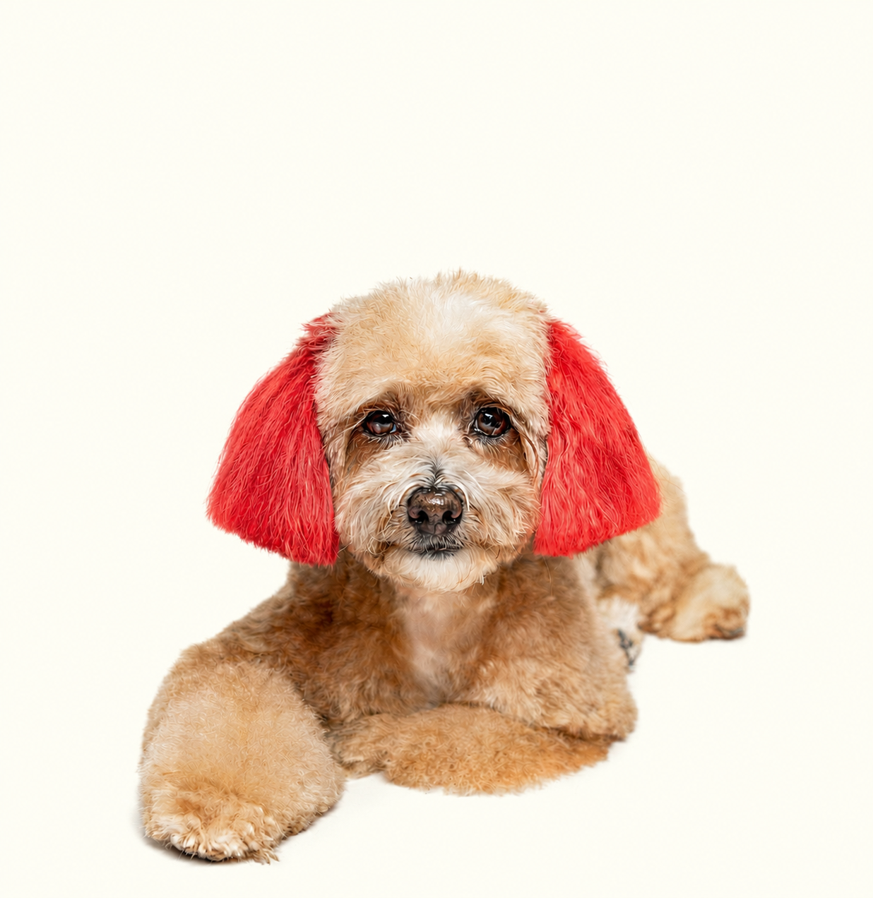 A tan, apricot-curled doodle lying down with playfully dyed red ears, freshly groomed